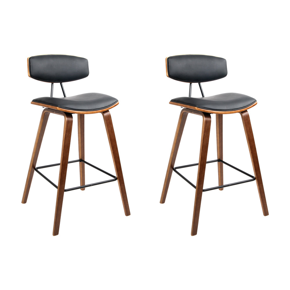 Artiss Set of 2 PU Leather Circular Footrest Bar Stools in Black with dark wood frame and chrome footrest, showcasing elegant design and comfort.