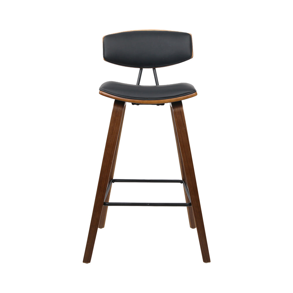 Artiss Set of 2 PU Leather Circular Footrest Bar Stools in Black with dark wood frame and chrome footrest, showcasing elegant design and comfort.