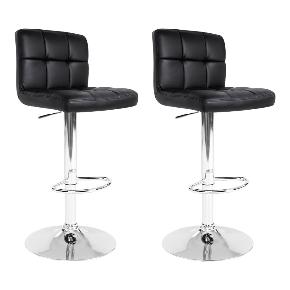 Artiss Set of 2 PU Leather Gas Lift Bar Stools in Black with checkered backrest and chrome base, showcasing modern design and comfort.