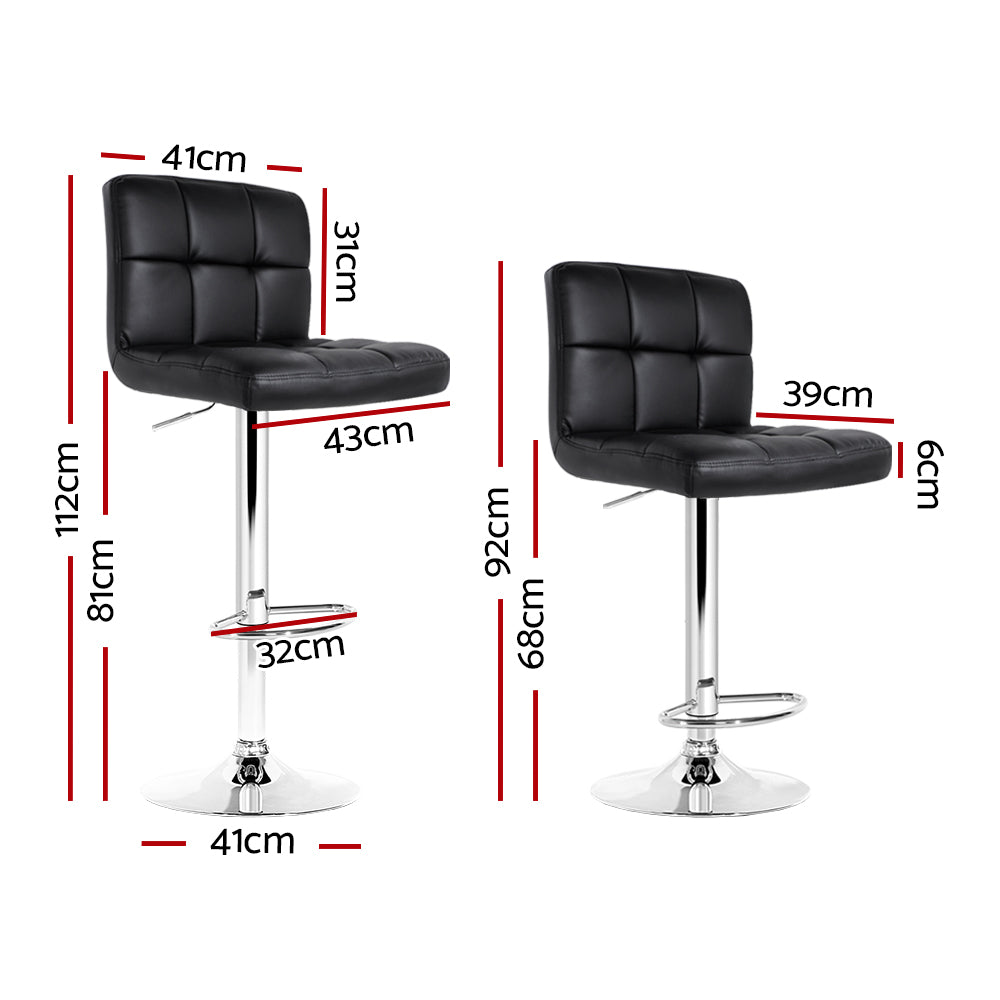 Artiss Set of 2 PU Leather Gas Lift Bar Stools in Black with checkered backrest and chrome base, showcasing modern design and comfort.