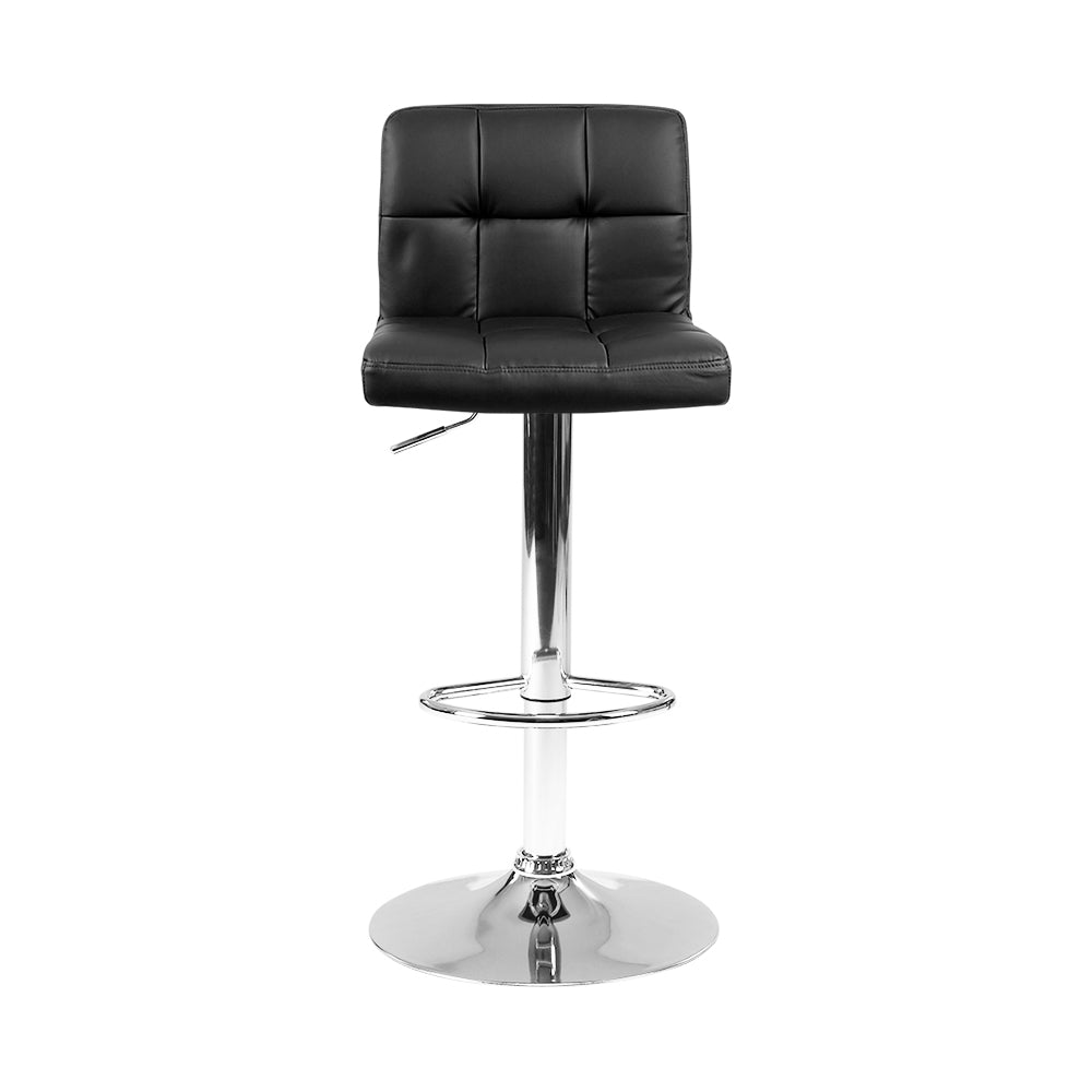 Artiss Set of 2 PU Leather Gas Lift Bar Stools in Black with checkered backrest and chrome base, showcasing modern design and comfort.