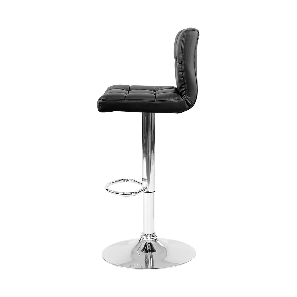 Artiss Set of 2 PU Leather Gas Lift Bar Stools in Black with checkered backrest and chrome base, showcasing modern design and comfort.