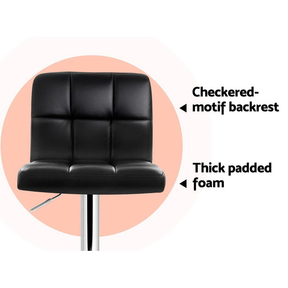 Artiss Set of 2 PU Leather Gas Lift Bar Stools in Black with checkered backrest and chrome base, showcasing modern design and comfort.