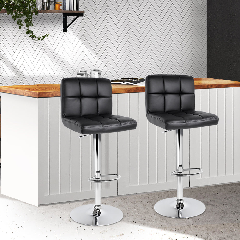 Artiss Set of 2 PU Leather Gas Lift Bar Stools in Black with checkered backrest and chrome base, showcasing modern design and comfort.