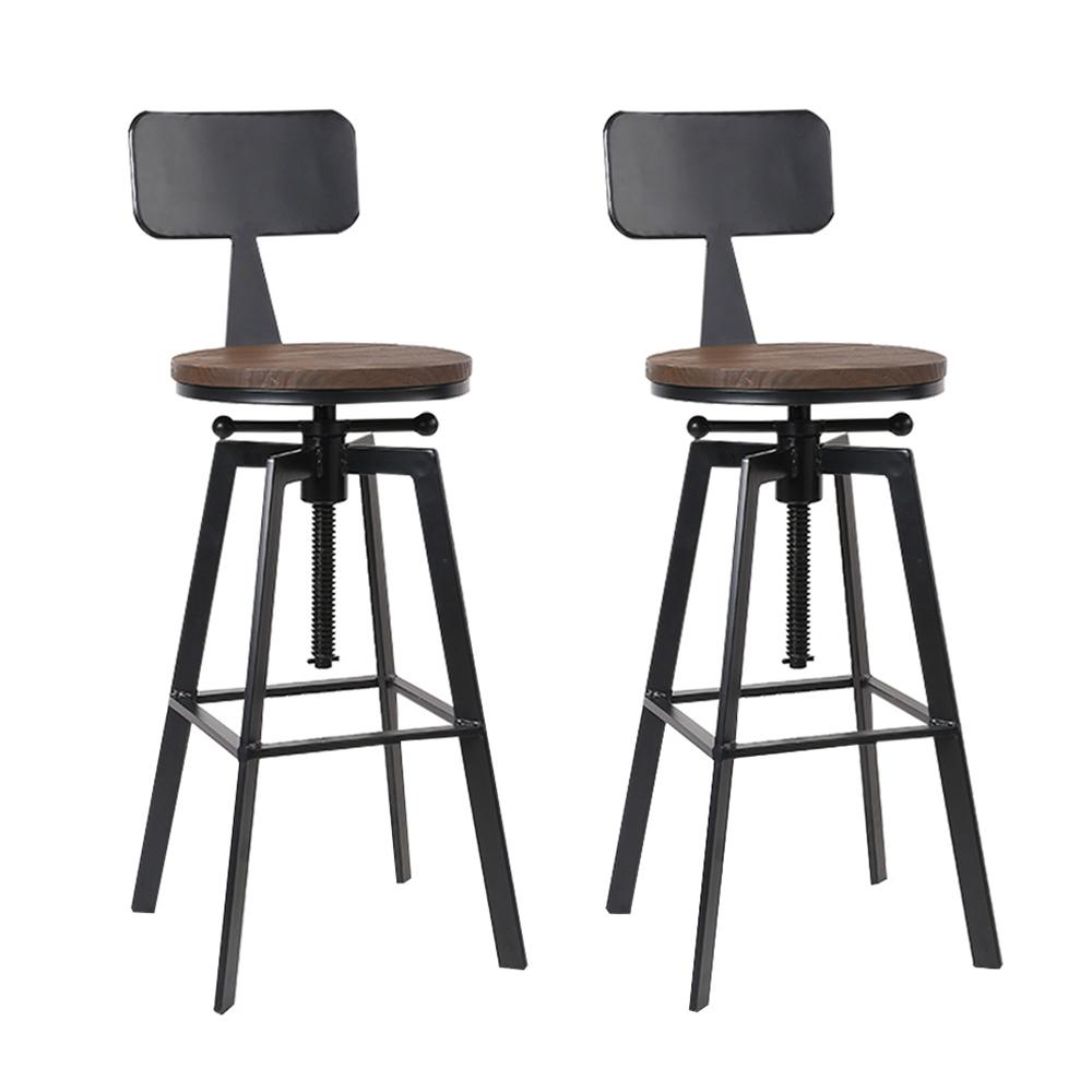 Artiss Set of 2 Rustic Industrial Style Metal Bar Stools featuring a black steel frame and smooth elm wood seat.