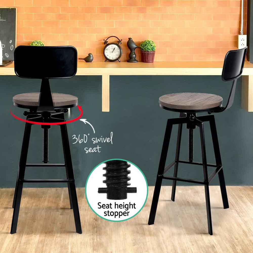 Artiss Set of 2 Rustic Industrial Style Metal Bar Stools featuring a black steel frame and smooth elm wood seat.