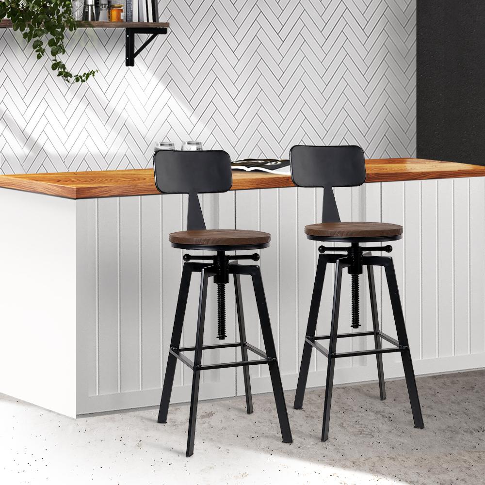 Artiss Set of 2 Rustic Industrial Style Metal Bar Stools featuring a black steel frame and smooth elm wood seat.