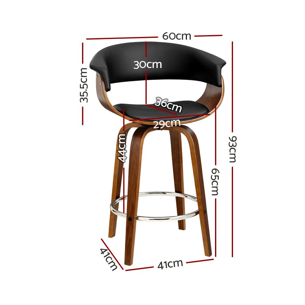 Artiss Set of 2 Swivel PU Leather Bar Stools featuring a walnut finish frame and black padded seats, designed for comfort and style.