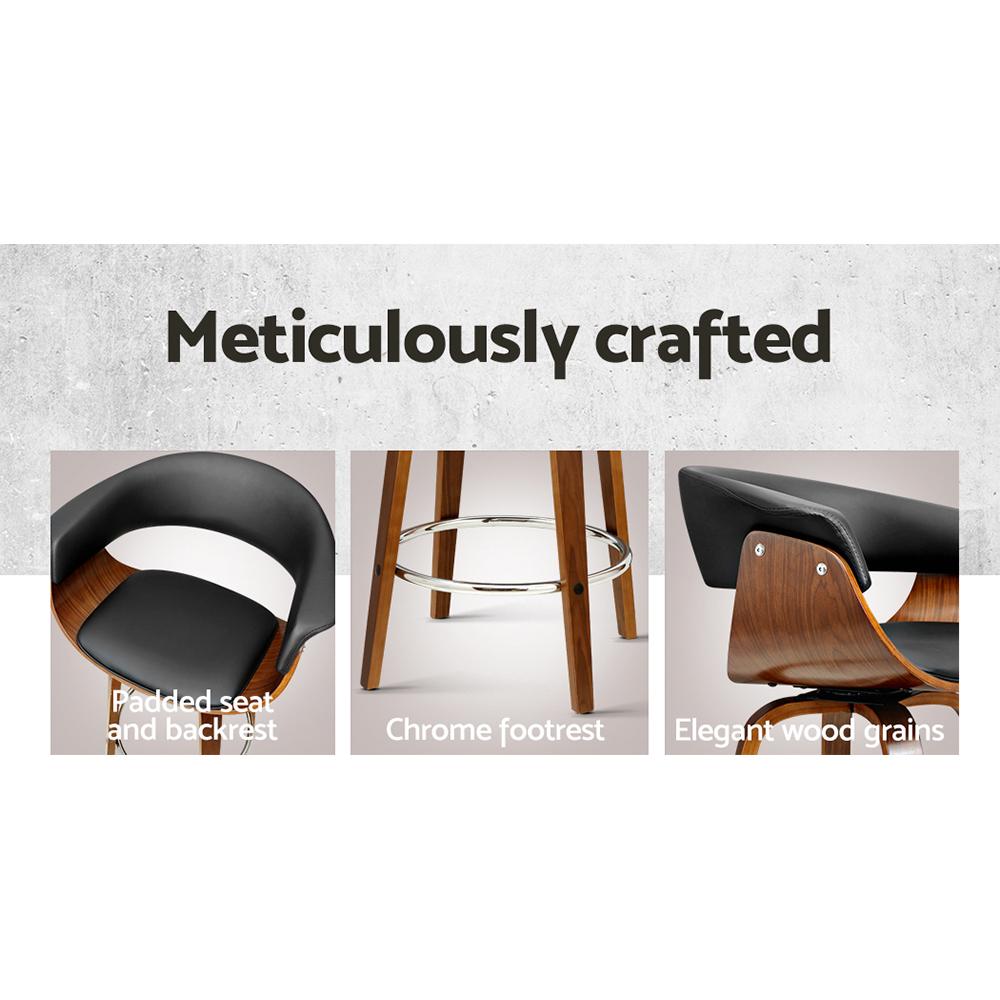 Artiss Set of 2 Swivel PU Leather Bar Stools featuring a walnut finish frame and black padded seats, designed for comfort and style.