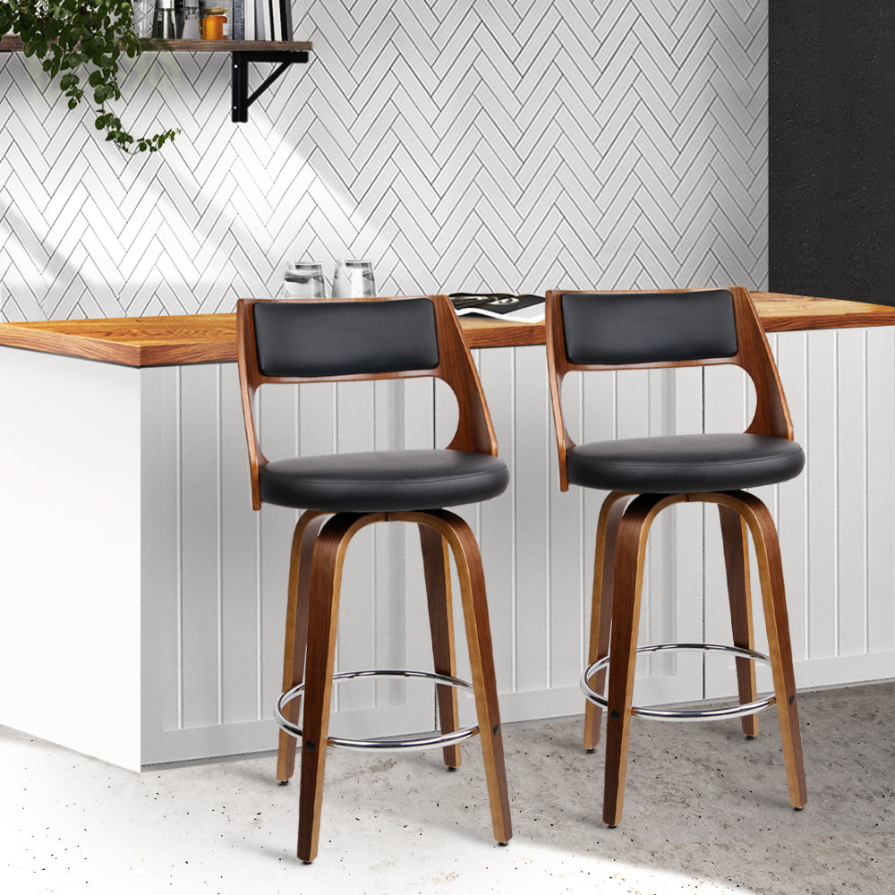 Artiss Set of 2 Wooden Bar Stools in Black with PU leather seats and walnut finish legs, showcasing modern design and comfort.