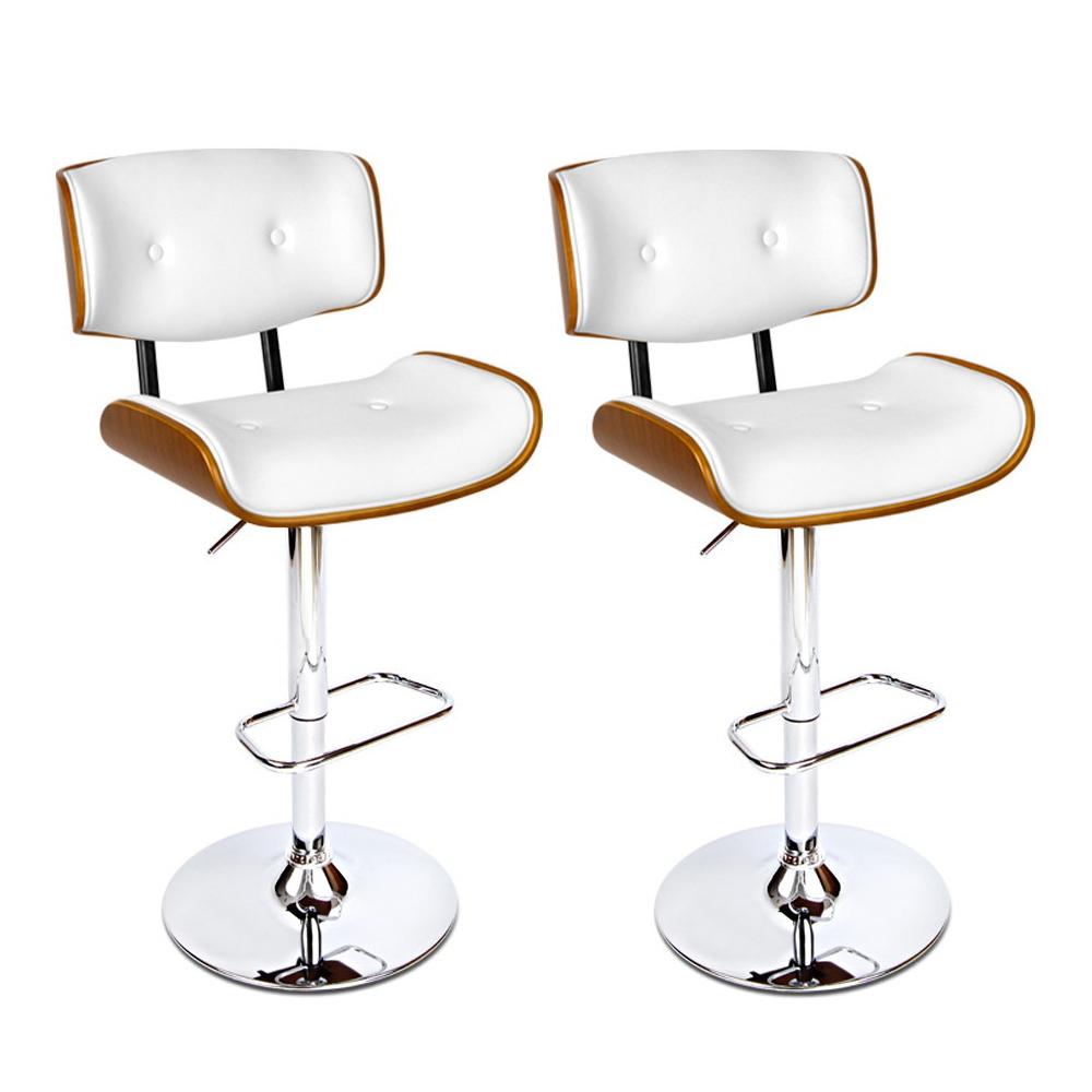 Artiss Set of 2 Wooden Gas Lift Bar Stools featuring white PU leather seats and chrome bases, showcasing a modern and elegant design.