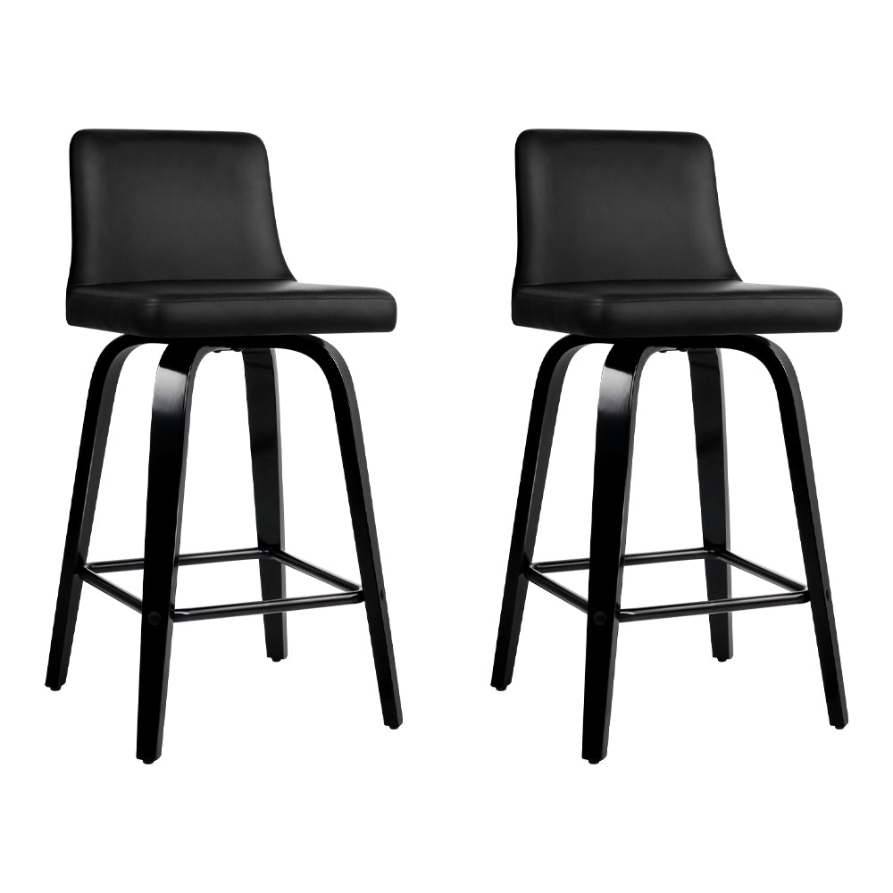 Artiss Set of 2 Wooden PU Leather Bar Stools in Black with padded seats and chrome footrests, showcasing a modern design.