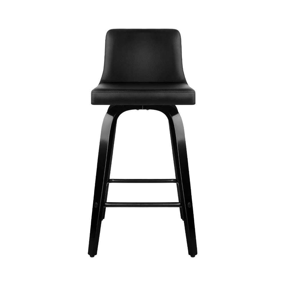 Artiss Set of 2 Wooden PU Leather Bar Stools in Black with padded seats and chrome footrests, showcasing a modern design.