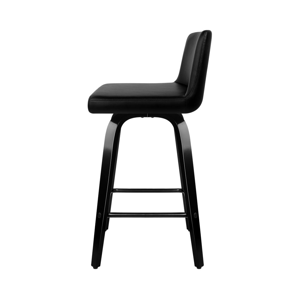 Artiss Set of 2 Wooden PU Leather Bar Stools in Black with padded seats and chrome footrests, showcasing a modern design.