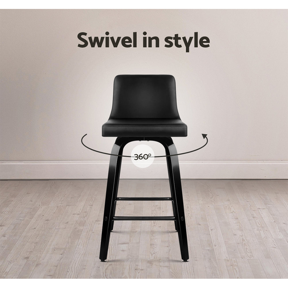 Artiss Set of 2 Wooden PU Leather Bar Stools in Black with padded seats and chrome footrests, showcasing a modern design.