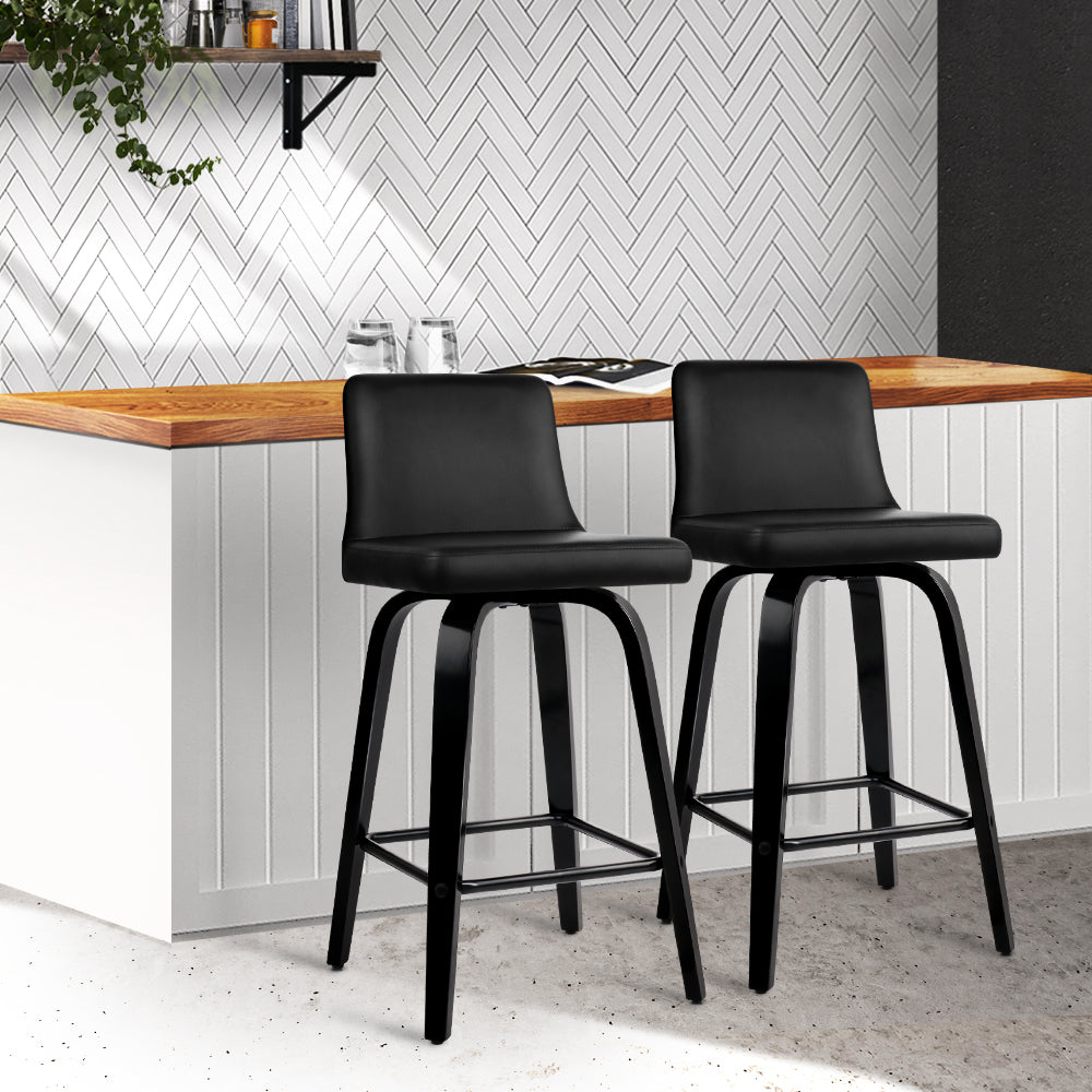 Artiss Set of 2 Wooden PU Leather Bar Stools in Black with padded seats and chrome footrests, showcasing a modern design.