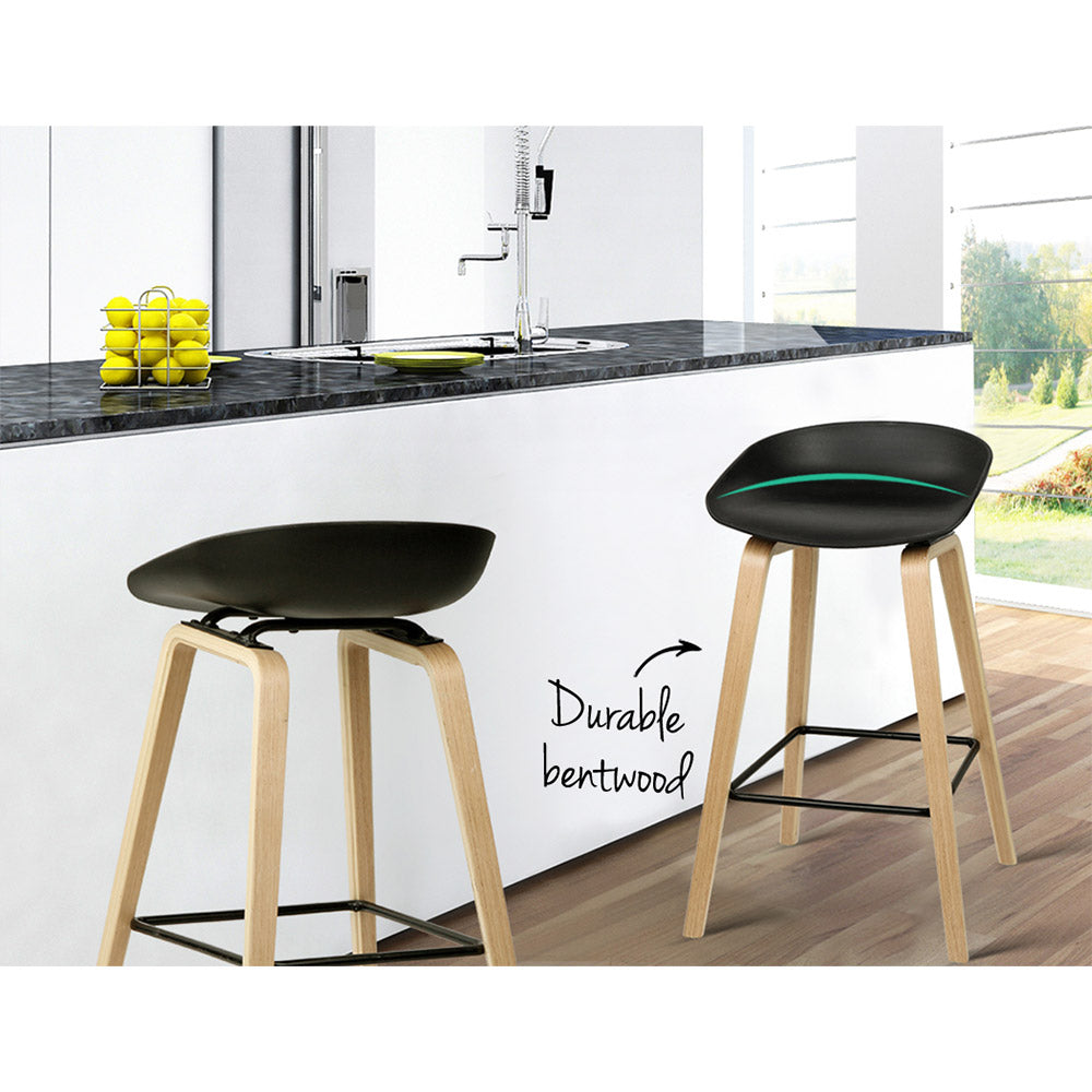 Artiss Set of 2 Wooden Square Footrest Bar Stools in Black featuring a sleek design with a PP plastic seat and solid plywood legs.