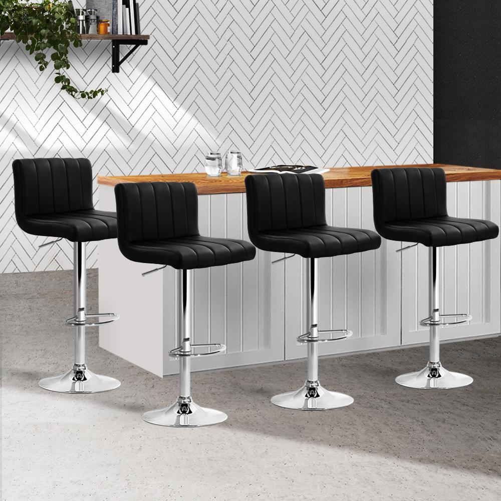 Artiss Set of 4 Black PU Leather Bar Stools with chrome base and high backrest, featuring a modern design and comfortable seating.