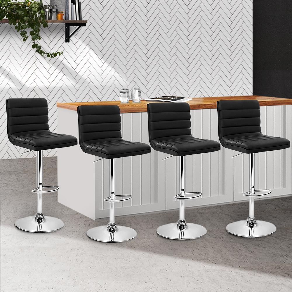 Artiss Set of 4 PU Leather Bar Stools in Black and Chrome with thick padded seats and chrome finish.