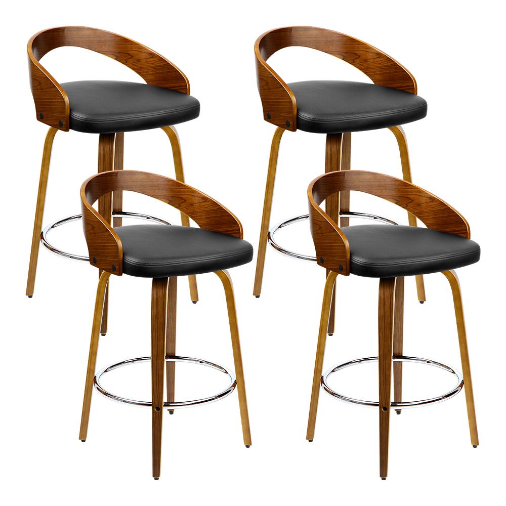 Artiss Set of 4 Walnut Wood Bar Stools featuring black PU leather seats and chrome steel footrests, showcasing elegant design and sturdy construction.
