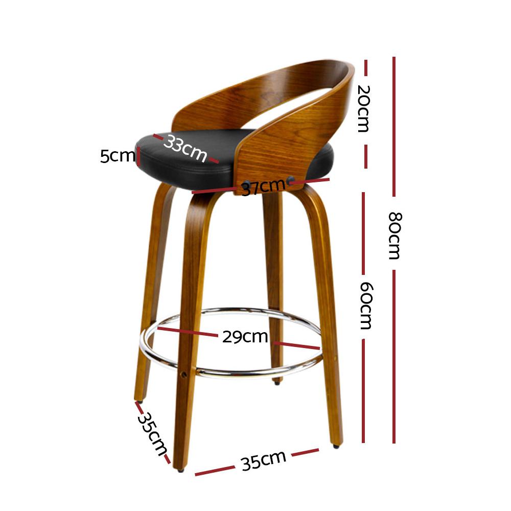 Artiss Set of 4 Walnut Wood Bar Stools featuring black PU leather seats and chrome steel footrests, showcasing elegant design and sturdy construction.