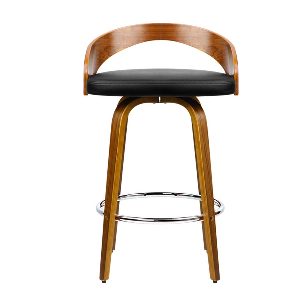Artiss Set of 4 Walnut Wood Bar Stools featuring black PU leather seats and chrome steel footrests, showcasing elegant design and sturdy construction.