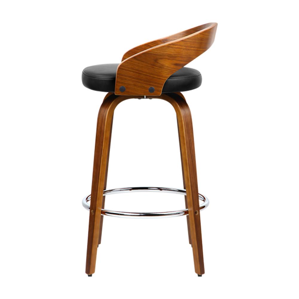 Artiss Set of 4 Walnut Wood Bar Stools featuring black PU leather seats and chrome steel footrests, showcasing elegant design and sturdy construction.