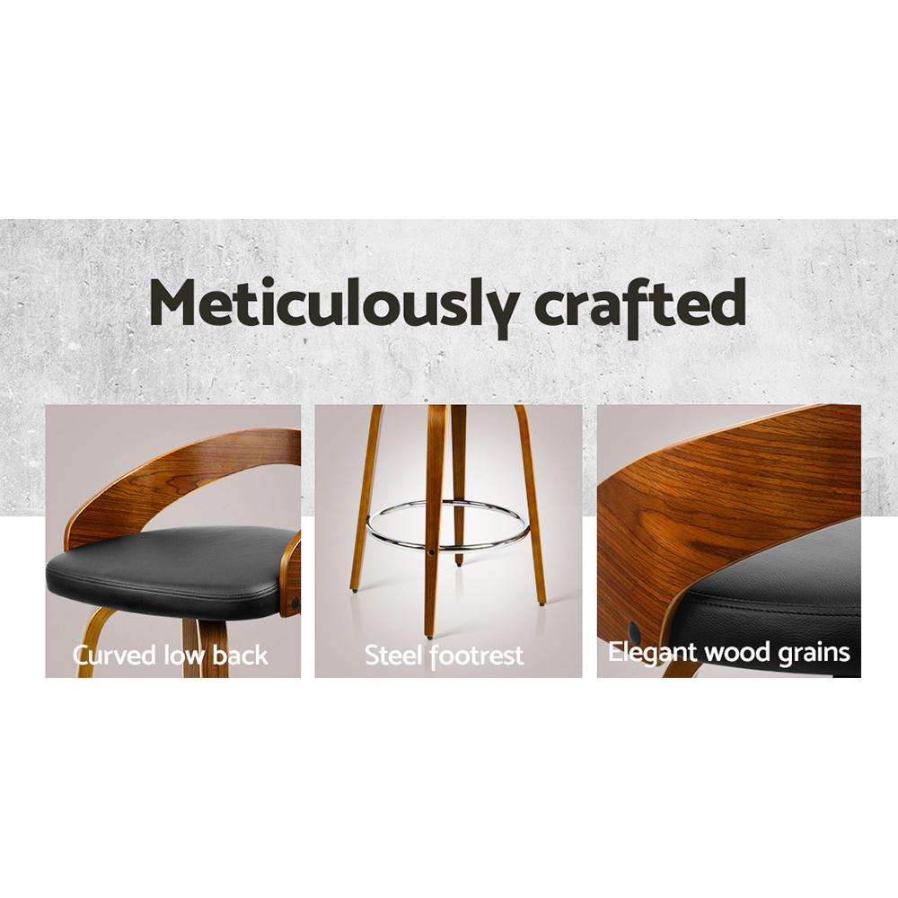 Artiss Set of 4 Walnut Wood Bar Stools featuring black PU leather seats and chrome steel footrests, showcasing elegant design and sturdy construction.