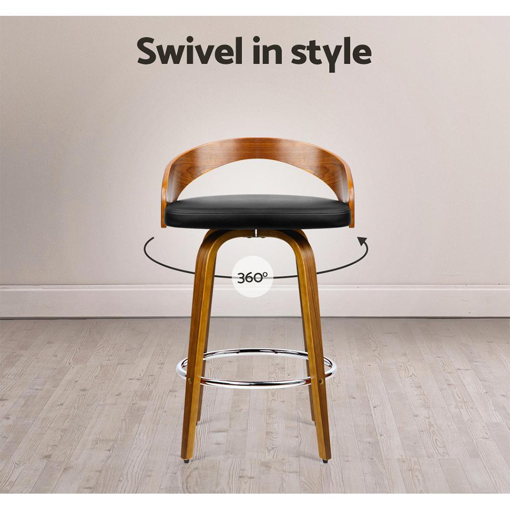 Artiss Set of 4 Walnut Wood Bar Stools featuring black PU leather seats and chrome steel footrests, showcasing elegant design and sturdy construction.