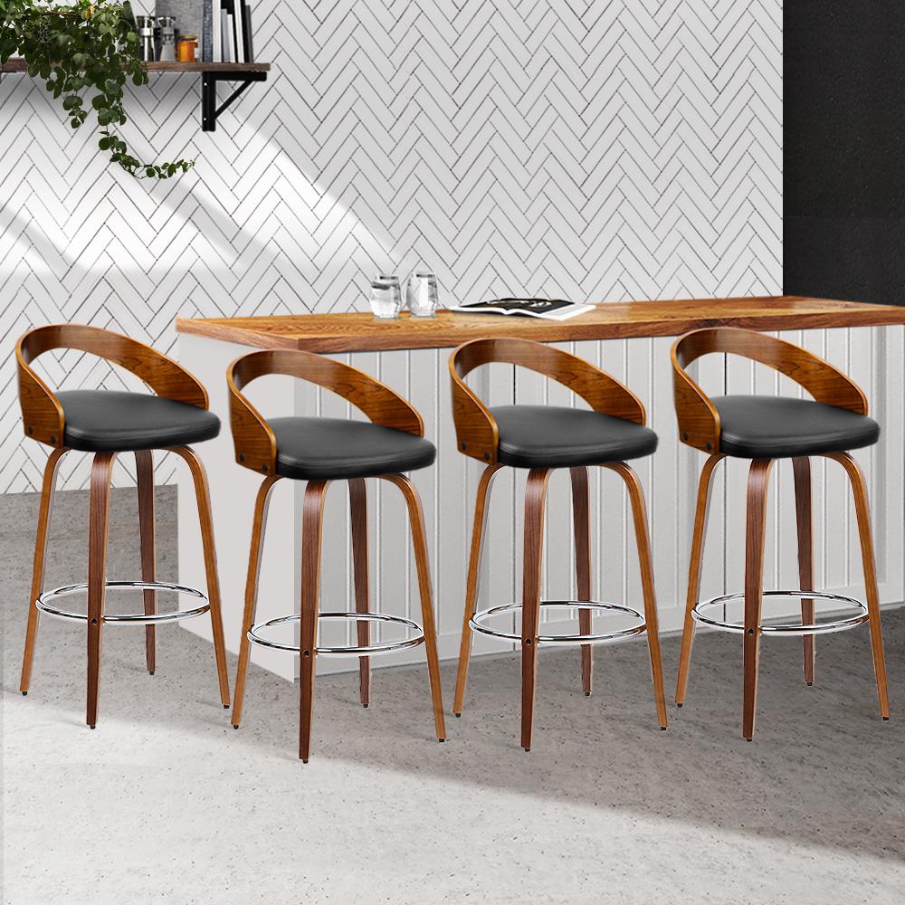 Artiss Set of 4 Walnut Wood Bar Stools featuring black PU leather seats and chrome steel footrests, showcasing elegant design and sturdy construction.