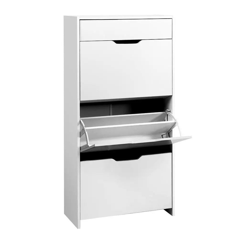 Artiss Shoe Cabinet in high gloss white finish with three compartments and top storage drawer, ideal for organizing footwear.