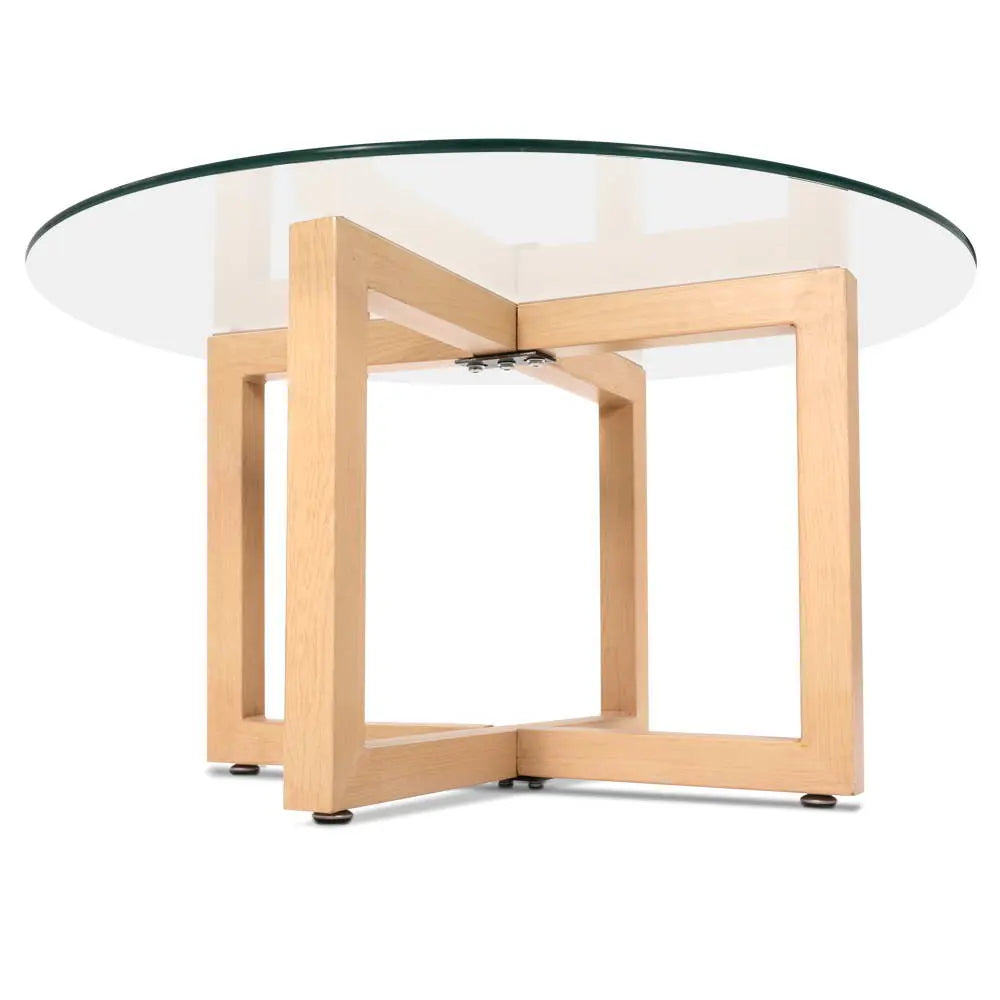 Artiss Tempered Glass Round Coffee Table in Beige with metal legs and faux wood finish, showcasing a modern design.