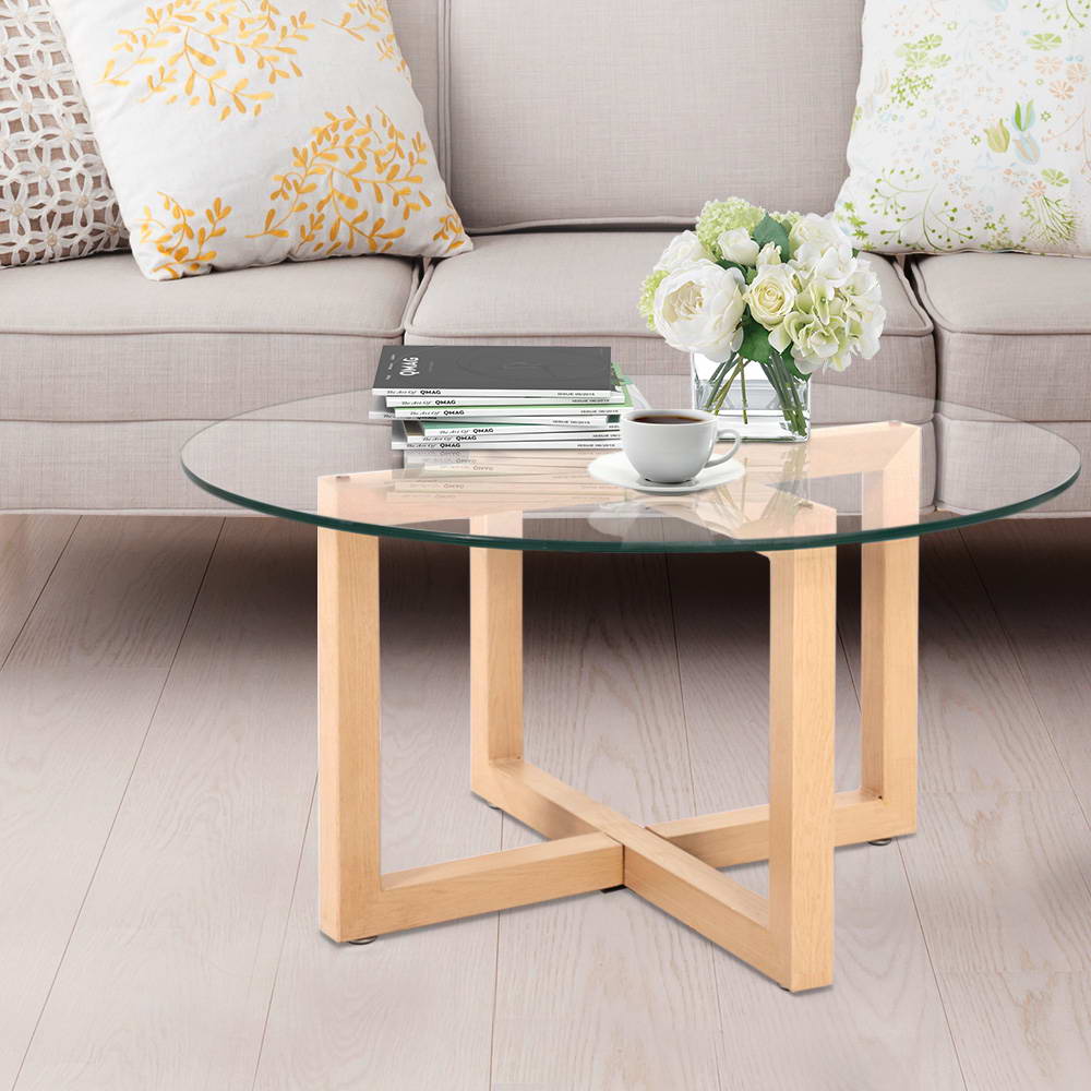 Artiss Tempered Glass Round Coffee Table in Beige with metal legs and faux wood finish, showcasing a modern design.