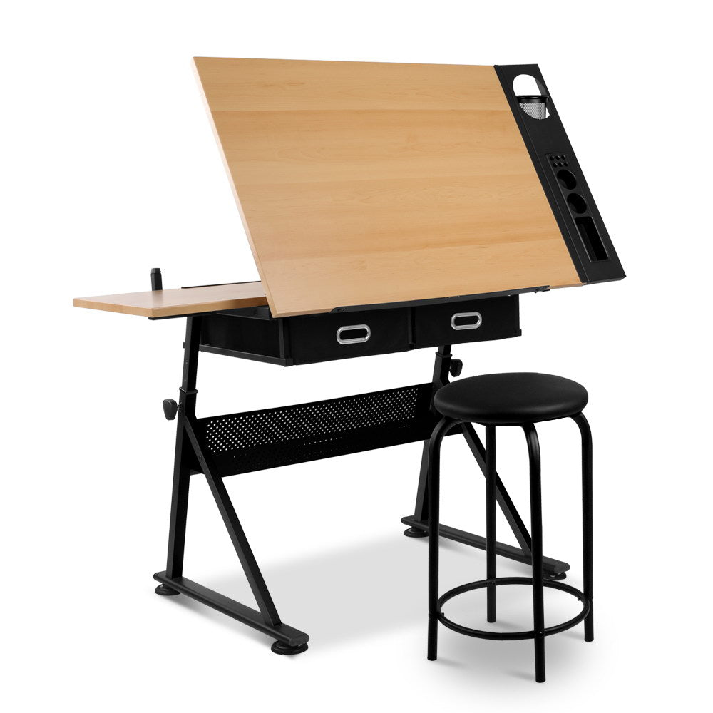 Artiss Tilt Drafting Table Stool Set featuring a natural MDF top and black powder-coated steel frame, with a padded leather stool for comfort.
