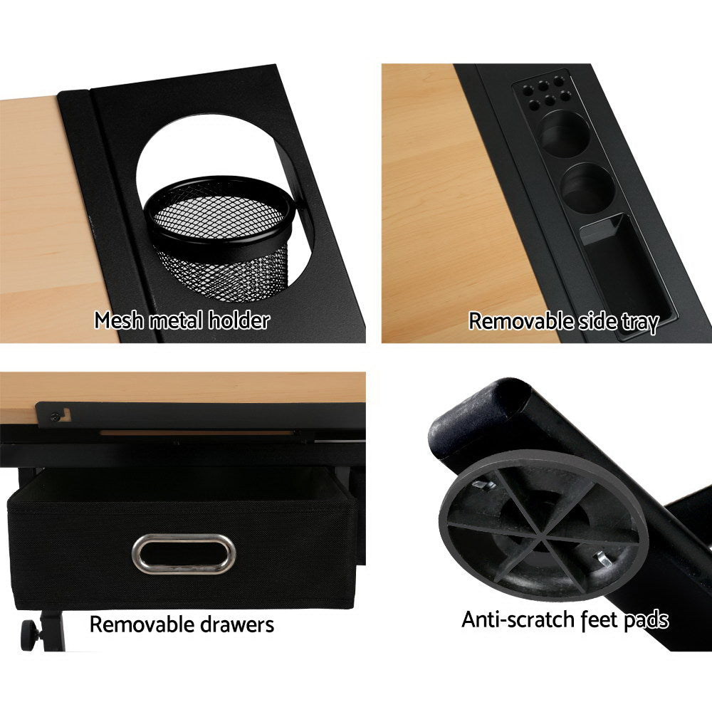 Artiss Tilt Drafting Table Stool Set featuring a natural MDF top and black powder-coated steel frame, with a padded leather stool for comfort.