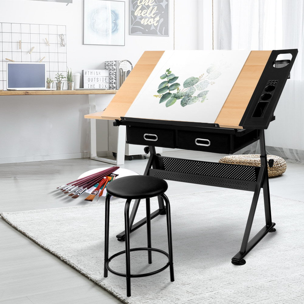 Artiss Tilt Drafting Table Stool Set featuring a natural MDF top and black powder-coated steel frame, with a padded leather stool for comfort.