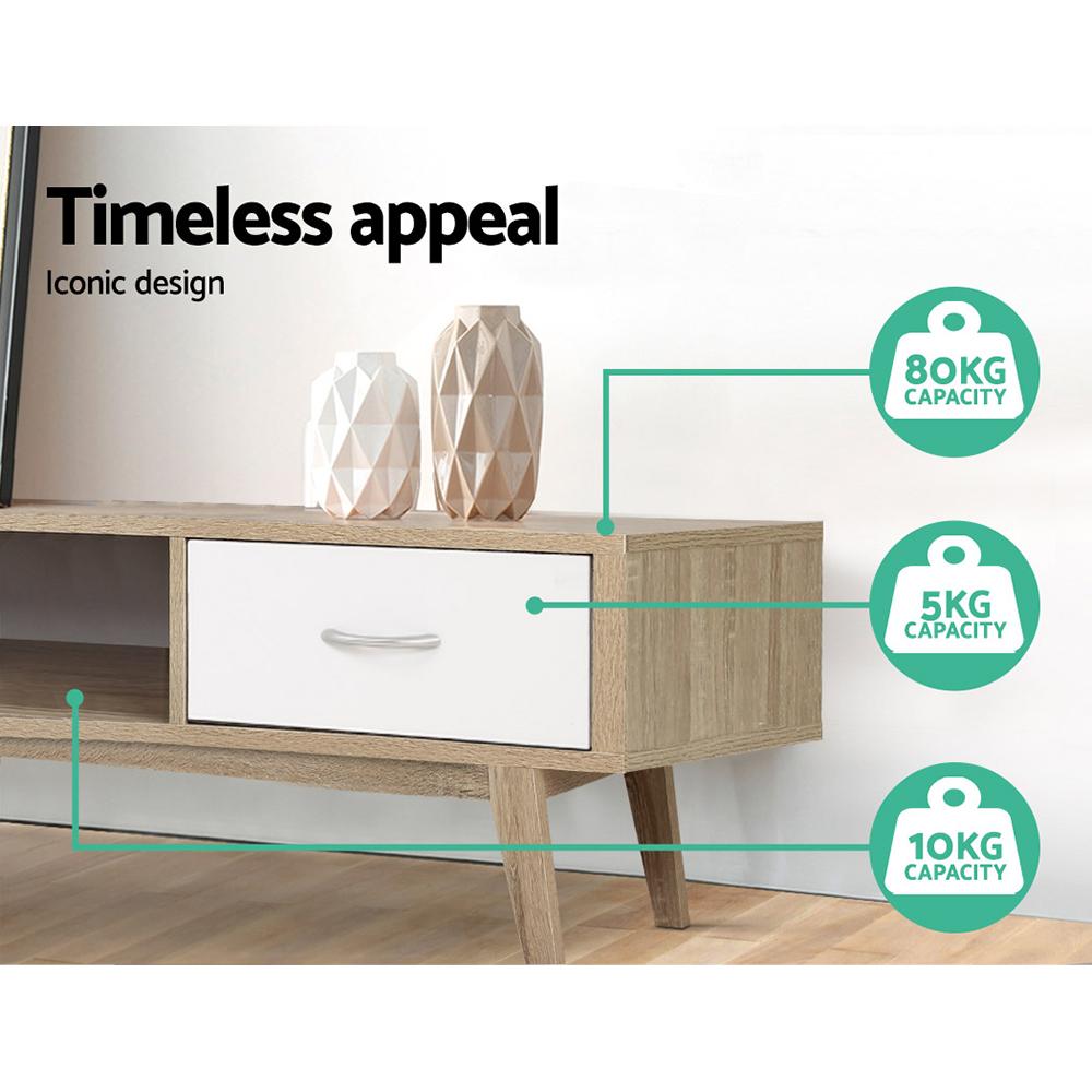 Artiss TV Cabinet Entertainment Unit in oak and white, featuring two drawers and open shelves, designed with Scandinavian-inspired aesthetics.