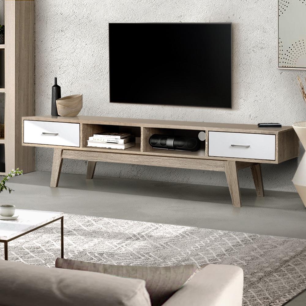 Artiss TV Cabinet Entertainment Unit in oak and white, featuring two drawers and open shelves, designed with Scandinavian-inspired aesthetics.