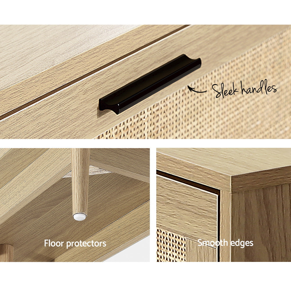 Artiss Rattan TV Cabinet featuring two cabinets and open shelves, designed for stylish storage in a coastal bohemian style.