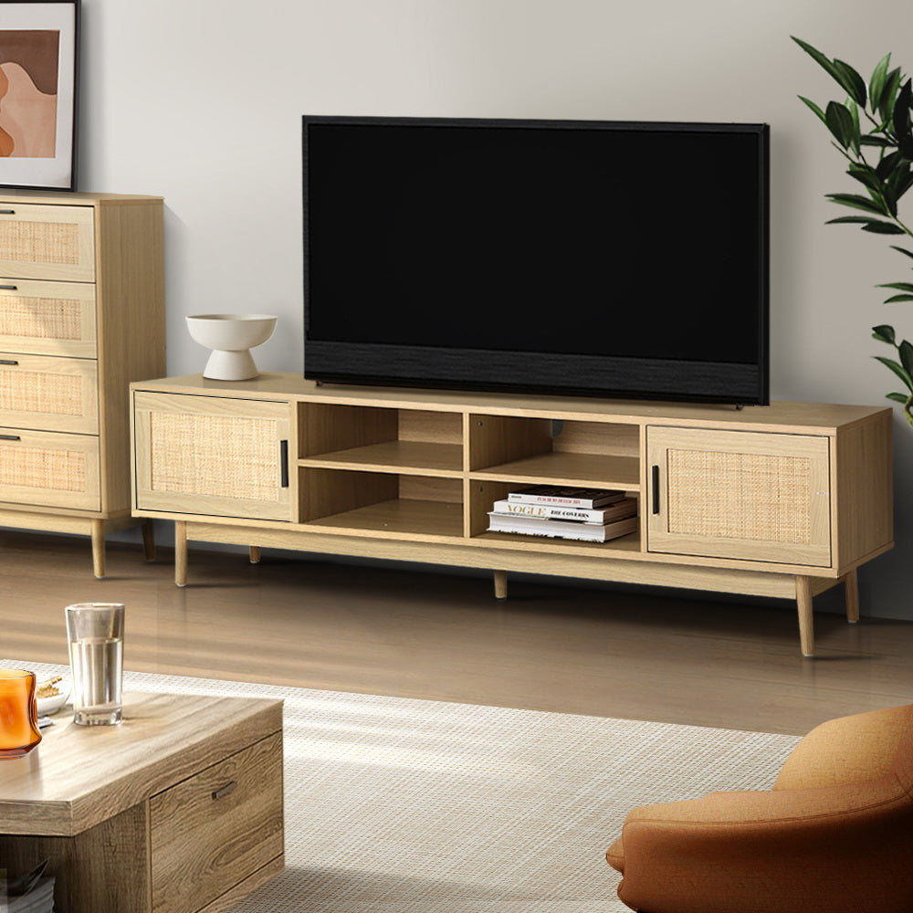 Artiss Rattan TV Cabinet featuring two cabinets and open shelves, designed for stylish storage in a coastal bohemian style.