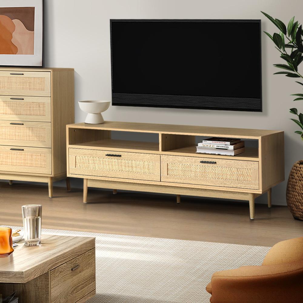 Artiss TV Cabinet Entertainment Unit featuring wooden rattan design with spacious drawers and shelves, perfect for stylish living room organization.