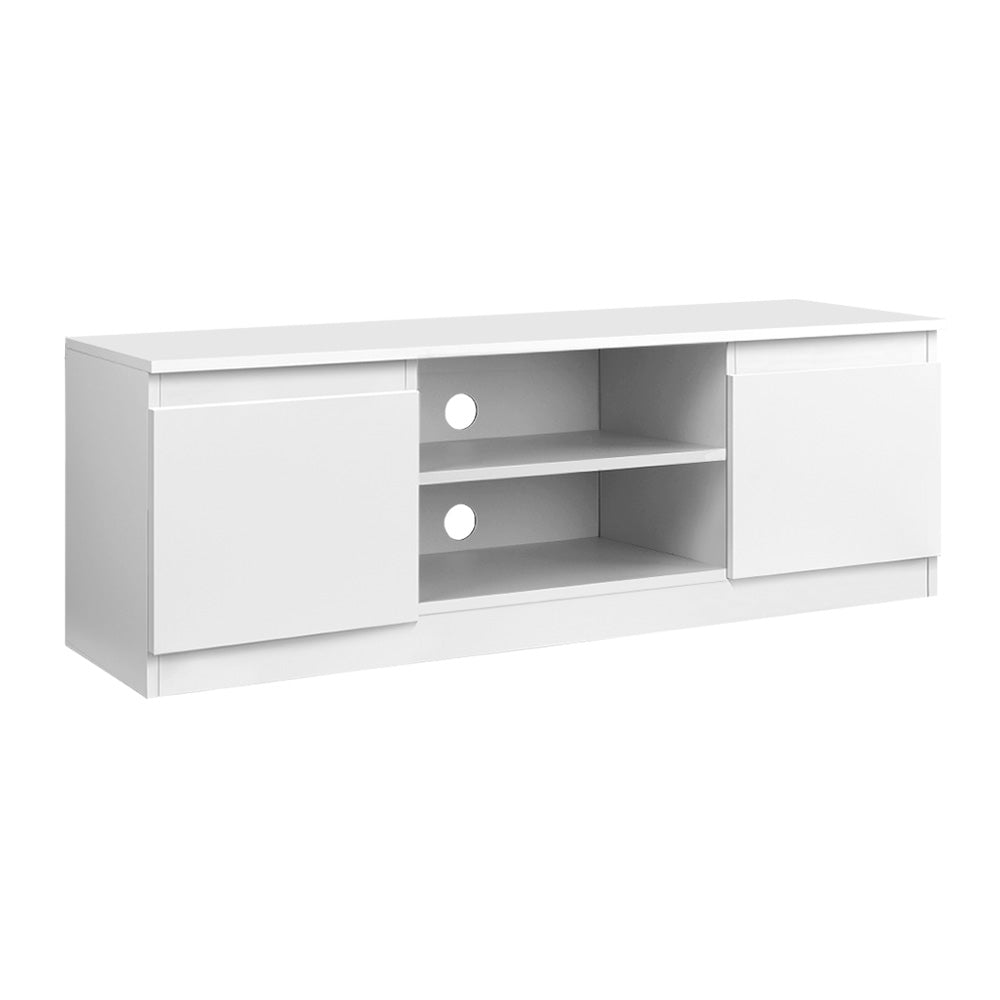 Artiss TV Entertainment Unit in White featuring a spacious top surface, two drawers, and open shelves for storage.