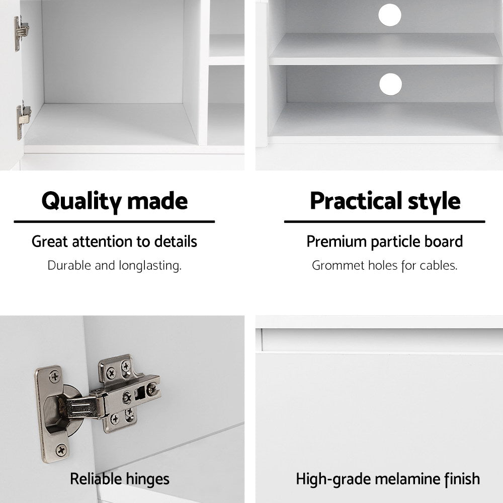 Artiss TV Entertainment Unit in White featuring a spacious top surface, two drawers, and open shelves for storage.