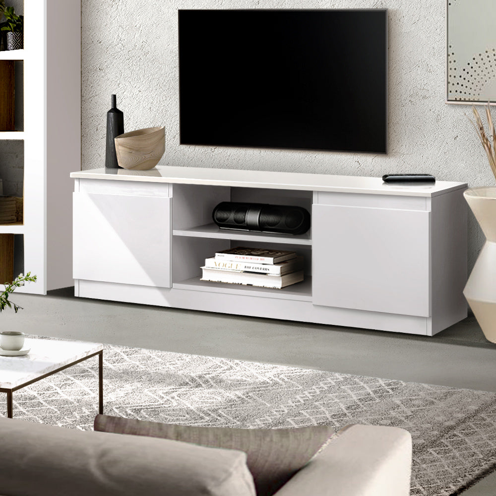 Artiss TV Entertainment Unit in White featuring a spacious top surface, two drawers, and open shelves for storage.