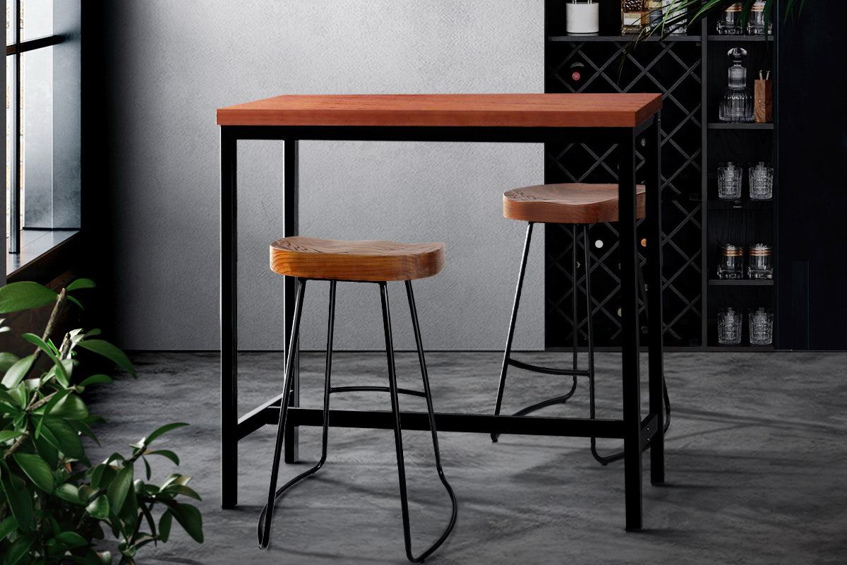Artiss Vintage Bar Table ALEX featuring a solid pine wood top and a sturdy black metal frame, showcasing its industrial design.