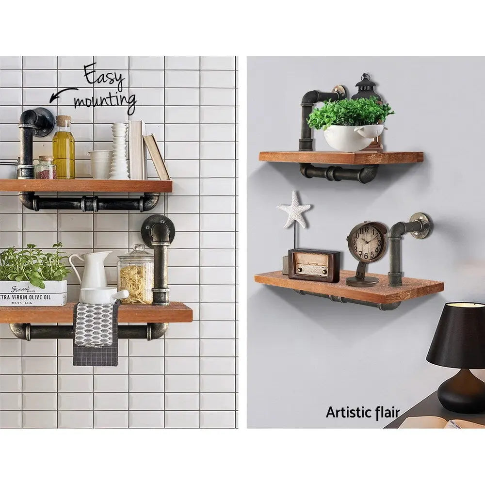 Artiss Wall Shelves featuring rustic design with metal pipes and solid timber, ideal for stylish display and storage.