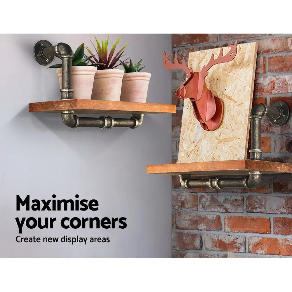 Artiss Wall Shelves featuring rustic design with metal pipes and solid timber, ideal for stylish display and storage.