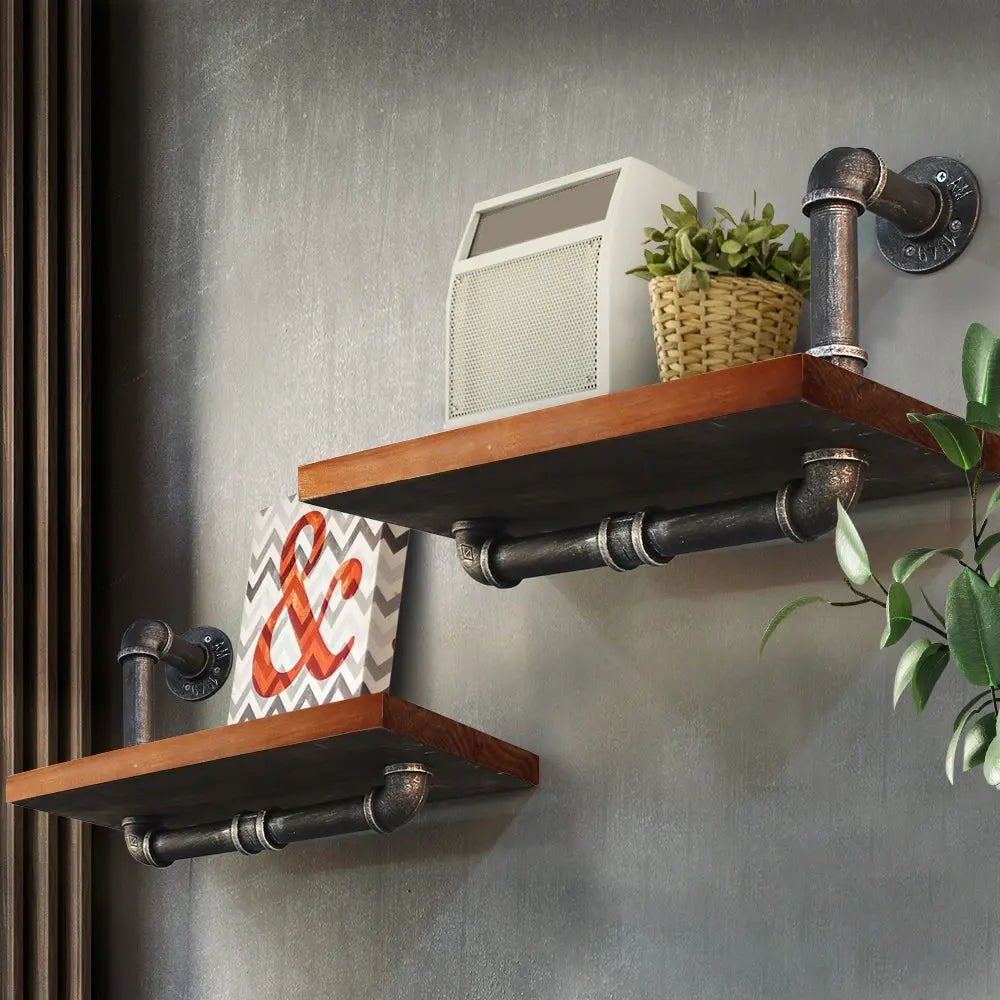 Artiss Wall Shelves featuring rustic design with metal pipes and solid timber, ideal for stylish display and storage.