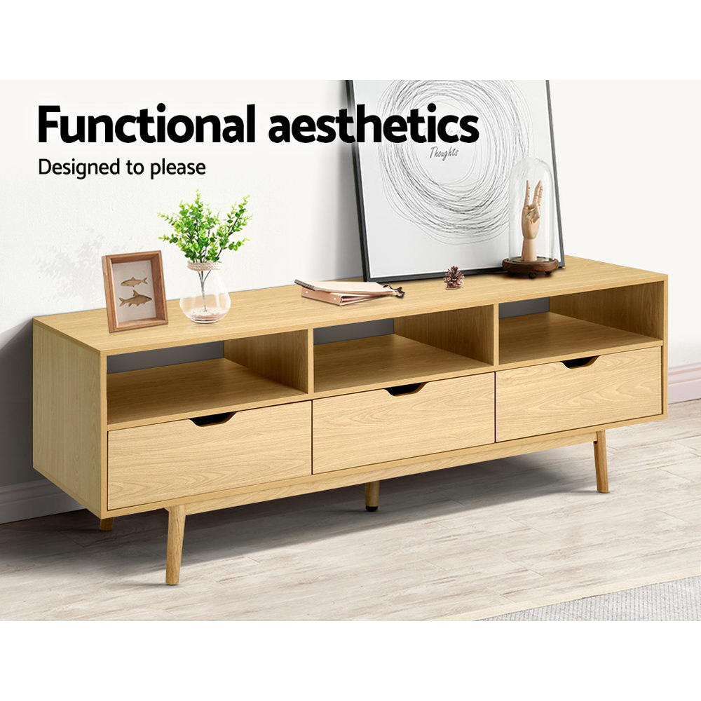 Artiss Wooden Scandinavian Entertainment Unit in Natural finish with tapered rubber wood legs and open shelves.