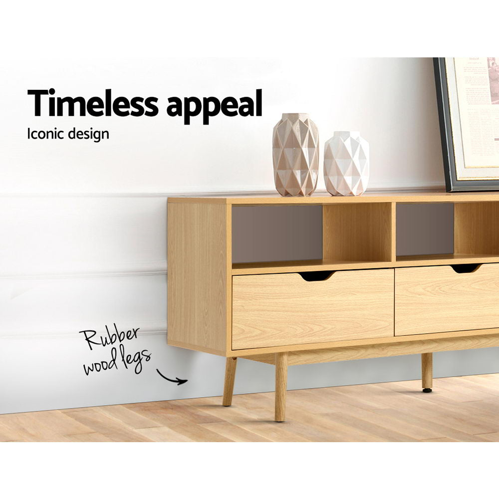 Artiss Wooden Scandinavian Entertainment Unit in Natural finish with tapered rubber wood legs and open shelves.